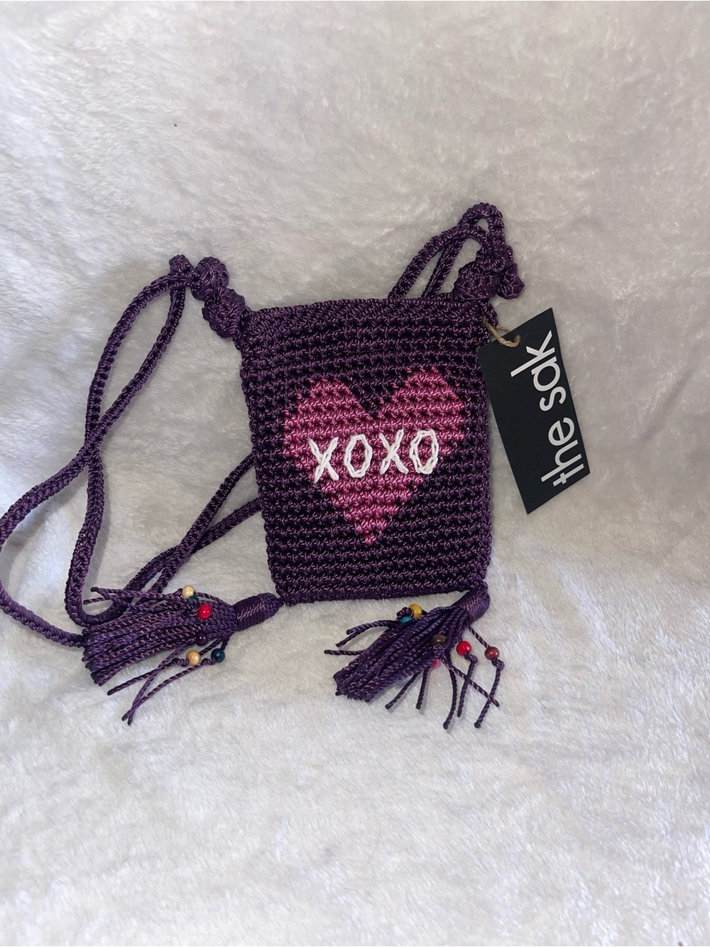 the sak Purple Crochet Crossbody Bag with Pink Heart XOXO Detail
